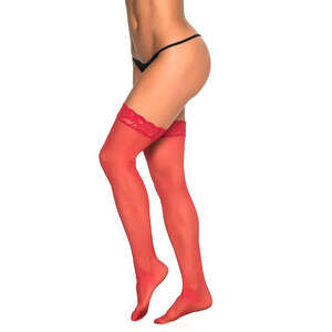 Mapale - Mesh Lace Trim Thigh High Stockings - Red